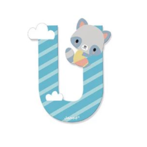 Lettera U celeste con procione in legno Janod