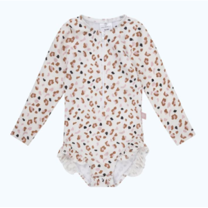 Costume da bagno intero a maniche lunghe bambina UV stampa leopardata con protezione UPF50+ Swim Essential
