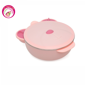 Ciotola Termica Orsetto in Acciaio a 3 Scomparti con Coperchio e Ventosa Rosa – Kiokids